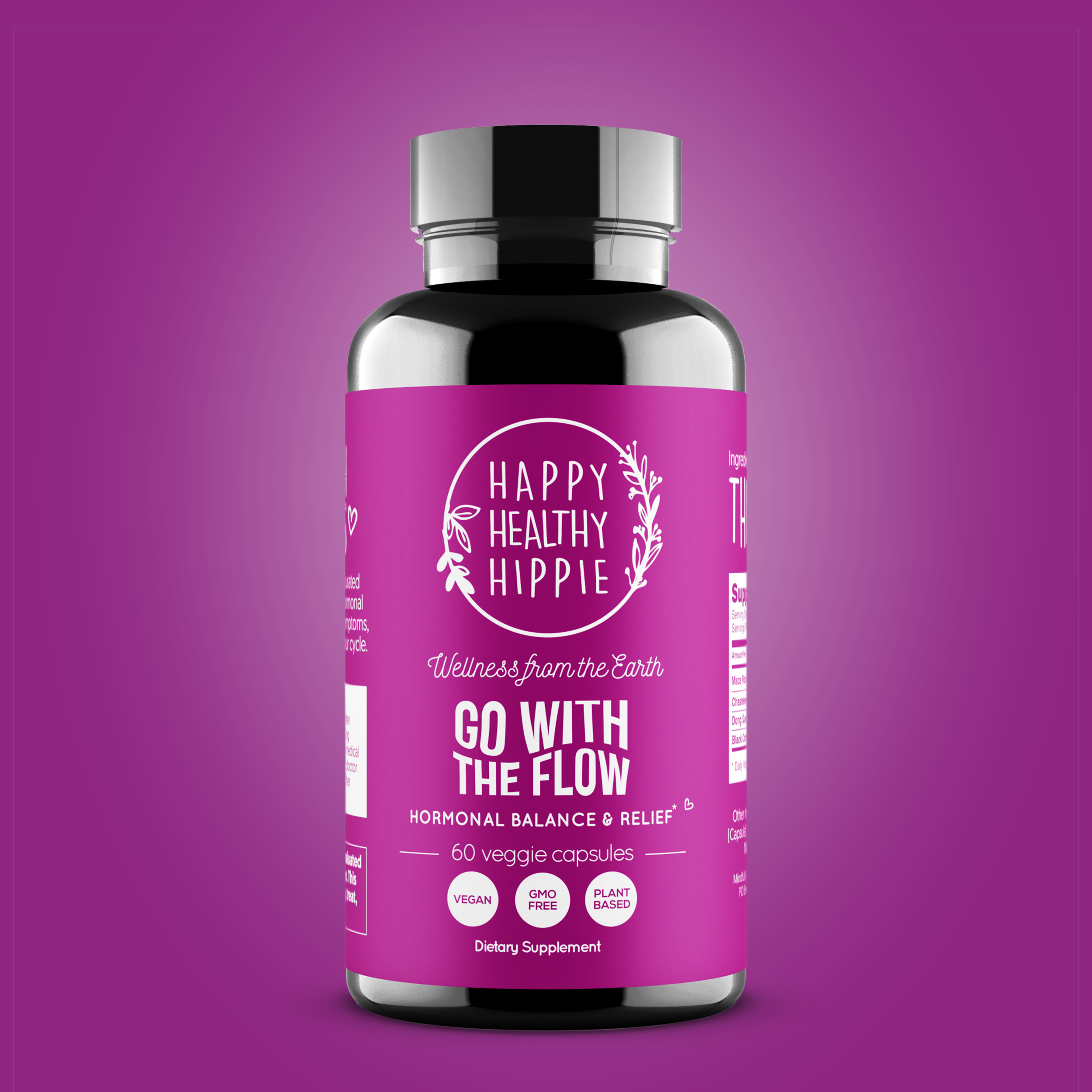 A bottle of 'Go With The Flow' supplement by Happy Healthy Hippie with a pink label, 60 veggie caps, and a focus on hormone balance and relief.