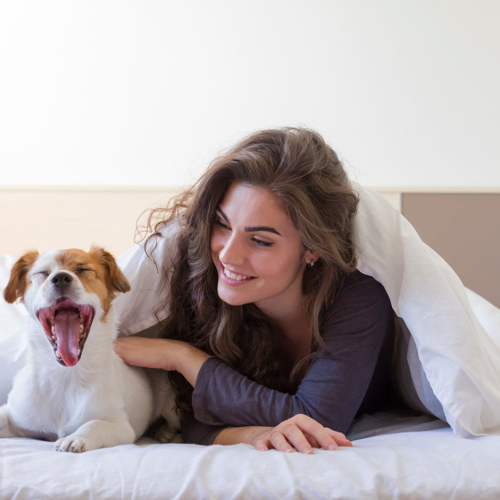 
                    Best Sleep Supplements - Woman and Dog in Bed